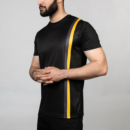Premium Black Quick Dry T-Shirt with Vertical Yellow &amp; Gray Stripes — view 3
