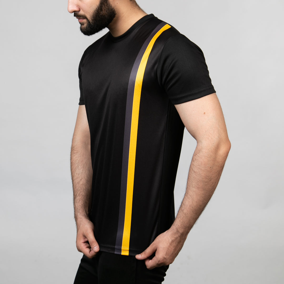 Premium Black Quick Dry T-Shirt with Vertical Yellow &amp; Gray Stripes — view 4