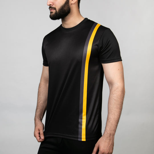 Premium Black Quick Dry T-Shirt with Vertical Yellow &amp; Gray Stripes
