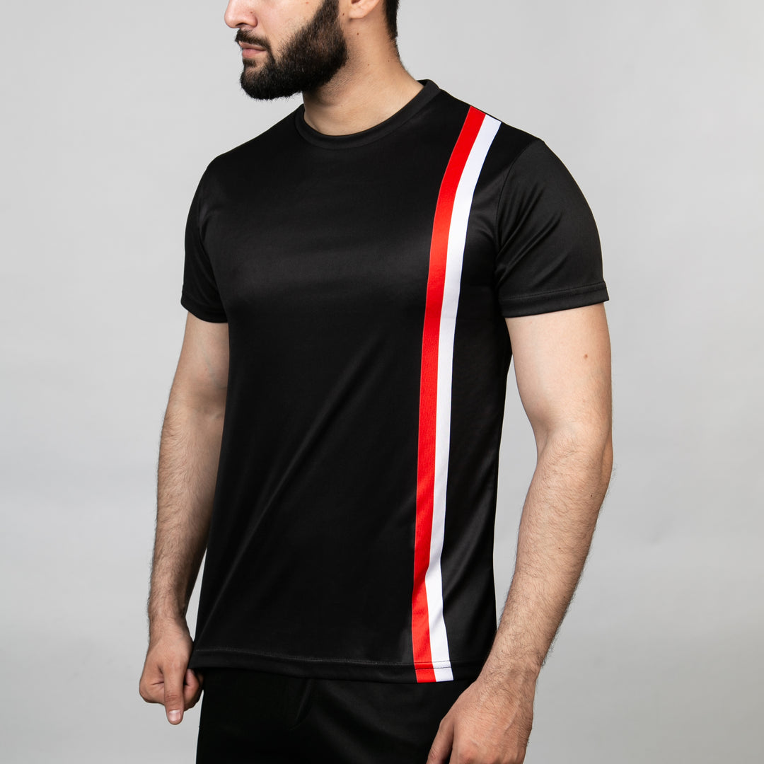 Premium Black Quick Dry T-Shirt with Vertical White & Red Stripes