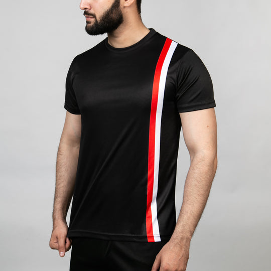 Premium Black Quick Dry T-Shirt with Vertical White & Red Stripes