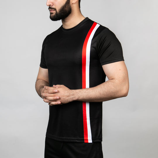 Premium Black Quick Dry T-Shirt with Vertical White & Red Stripes