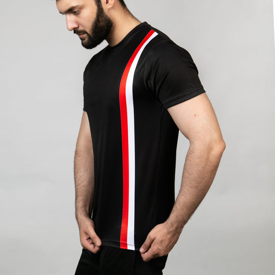 Premium Black Quick Dry T-Shirt with Vertical White & Red Stripes