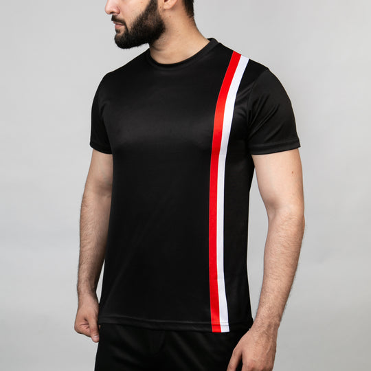 Premium Black Quick Dry T-Shirt with Vertical White & Red Stripes