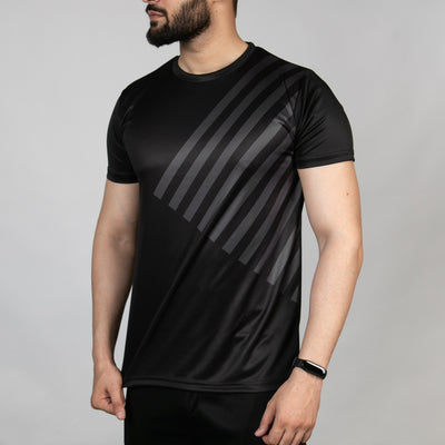 Premium Black Sublimated Quick Dry T-Shirt with Diagonal Gray Stripes