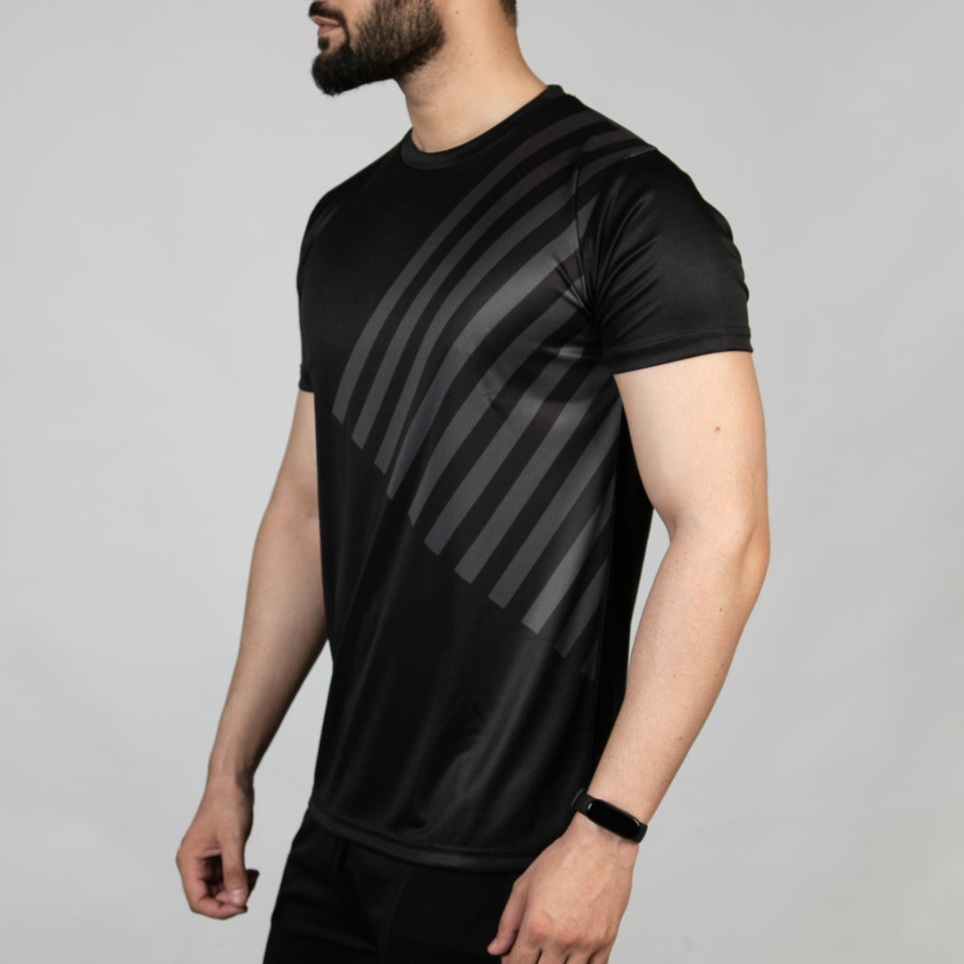 Premium Black Sublimated Quick Dry T-Shirt with Diagonal Gray Stripes