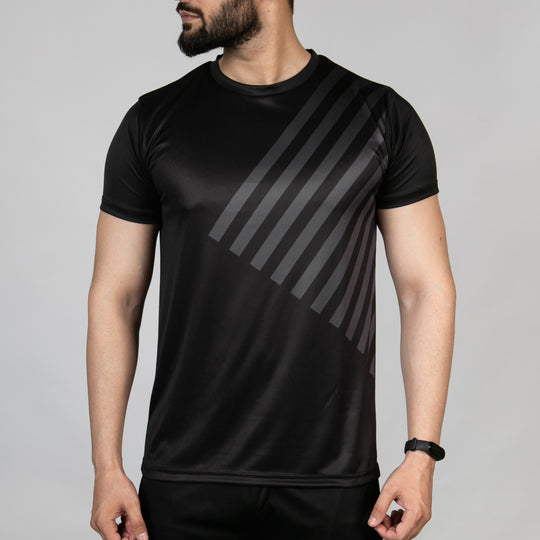 Premium Black Sublimated Quick Dry T-Shirt with Diagonal Gray Stripes