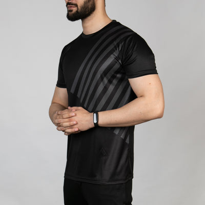 Premium Black Sublimated Quick Dry T-Shirt with Diagonal Gray Stripes