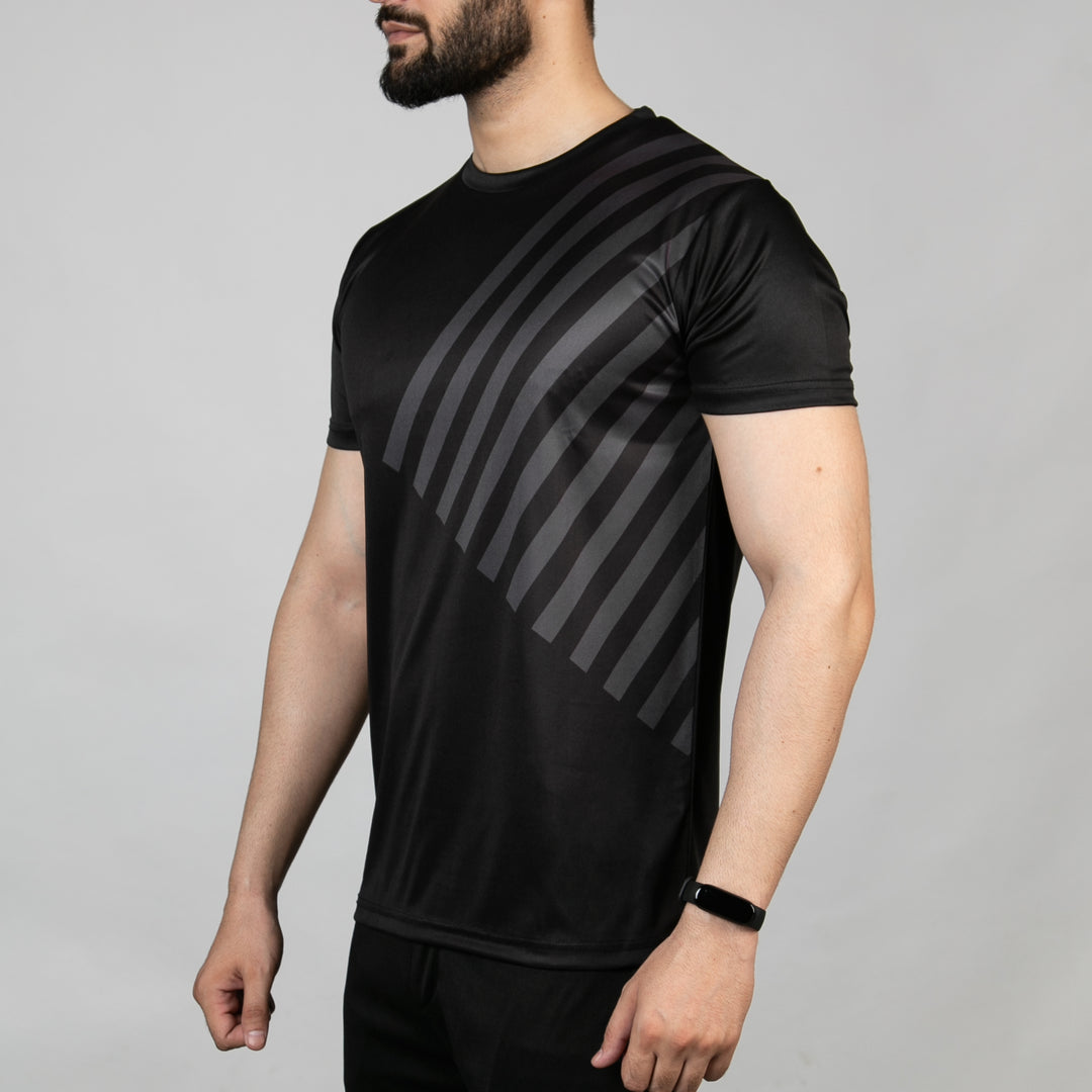Premium Black Sublimated Quick Dry T-Shirt with Diagonal Gray Stripes