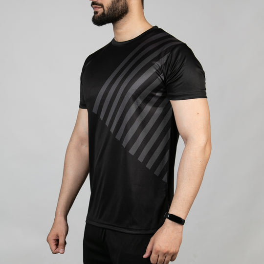Premium Black Sublimated Quick Dry T-Shirt with Diagonal Gray Stripes