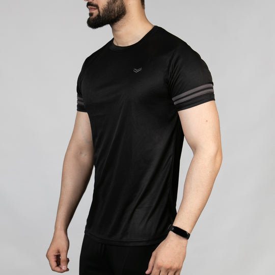 Premium Black Quick Dry Tee with Gray Dual Arm Stripes