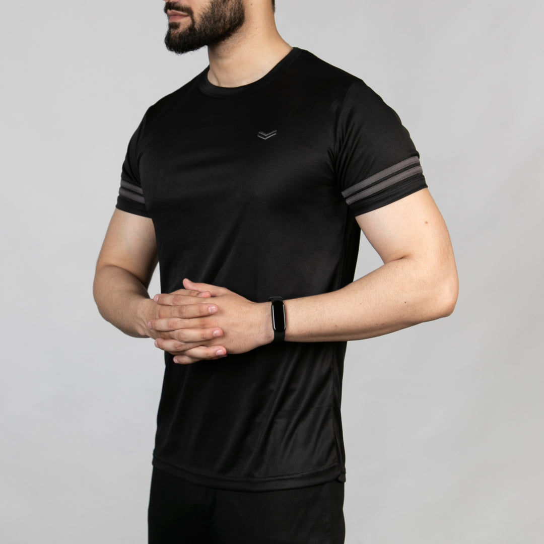 Premium Black Quick Dry Tee with Gray Dual Arm Stripes
