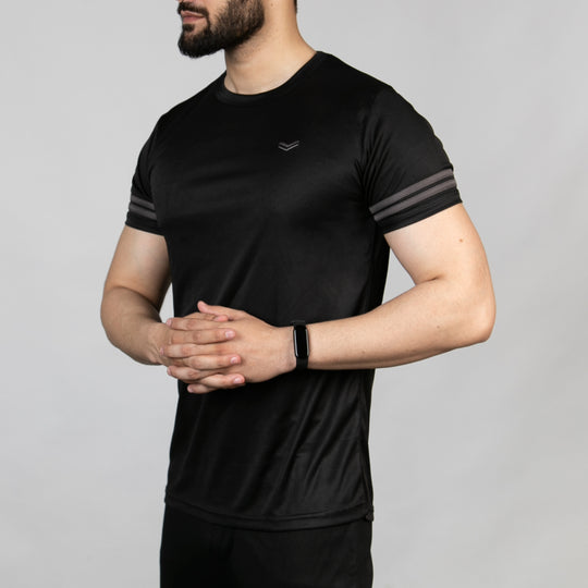 Premium Black Quick Dry Tee with Gray Dual Arm Stripes