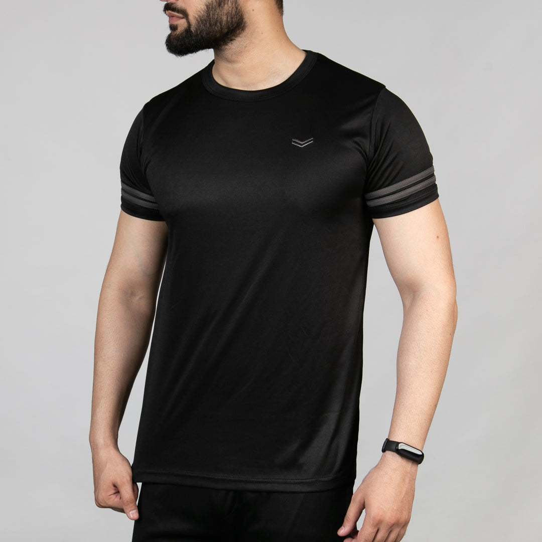 Premium Black Quick Dry Tee with Gray Dual Arm Stripes