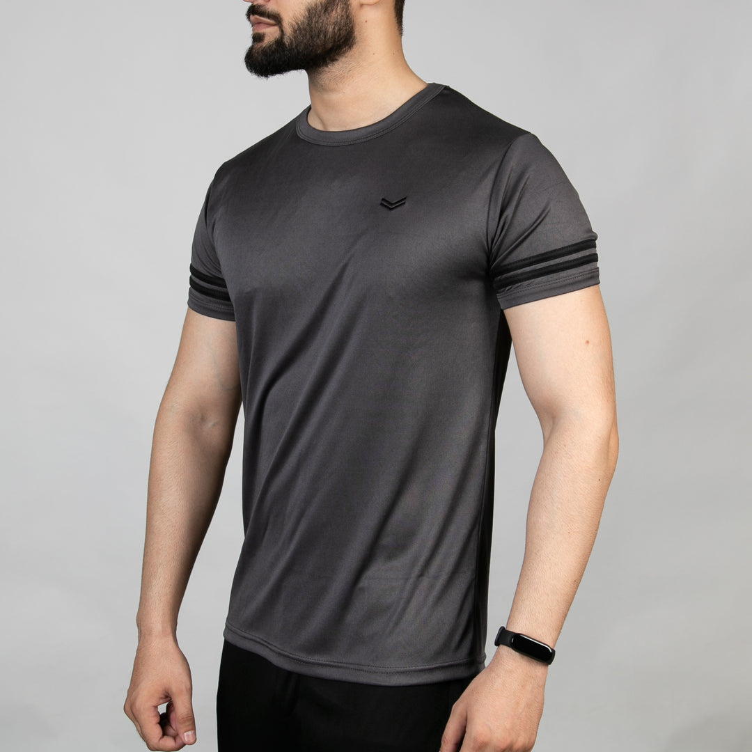 Premium Gray Quick Dry Tee with Black Dual Arm Stripes