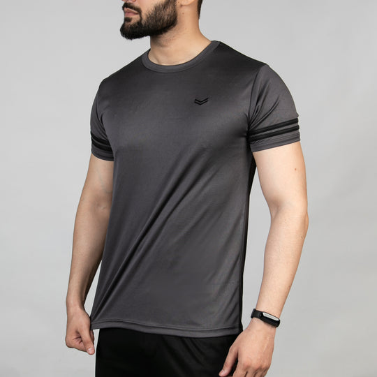 Premium Gray Quick Dry Tee with Black Dual Arm Stripes