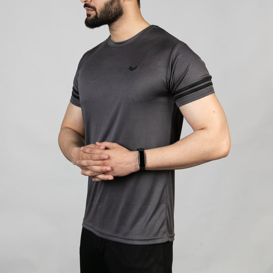 Premium Gray Quick Dry Tee with Black Dual Arm Stripes