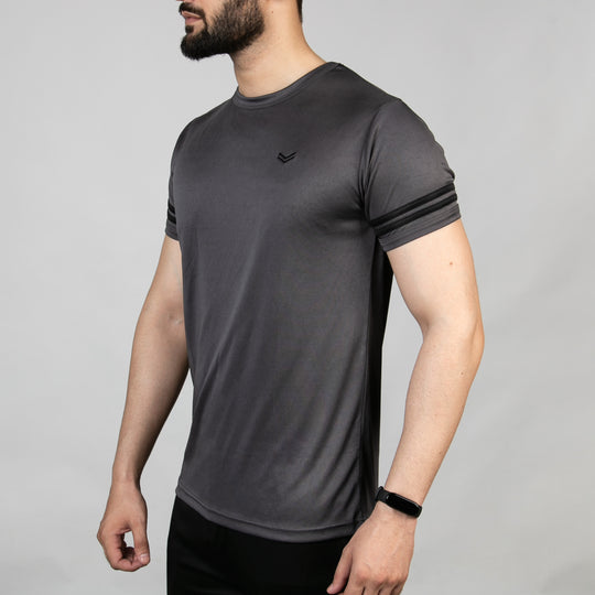 Premium Gray Quick Dry Tee with Black Dual Arm Stripes