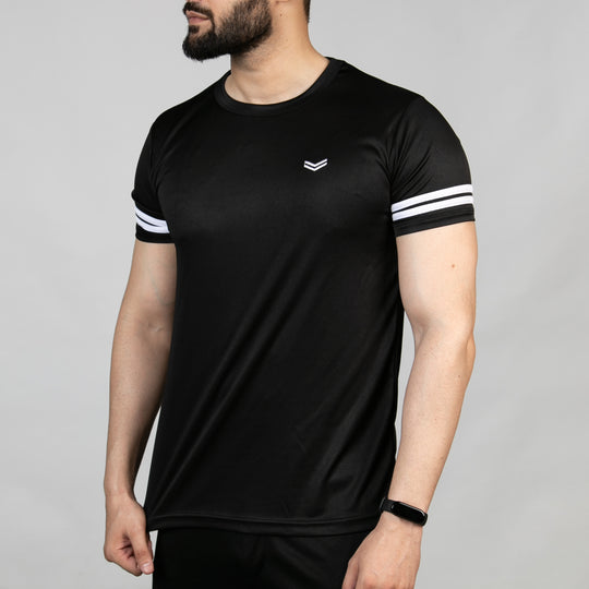 Premium Black Quick Dry Tee with White Dual Arm Stripes