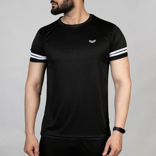 Premium Black Quick Dry Tee with White Dual Arm Stripes