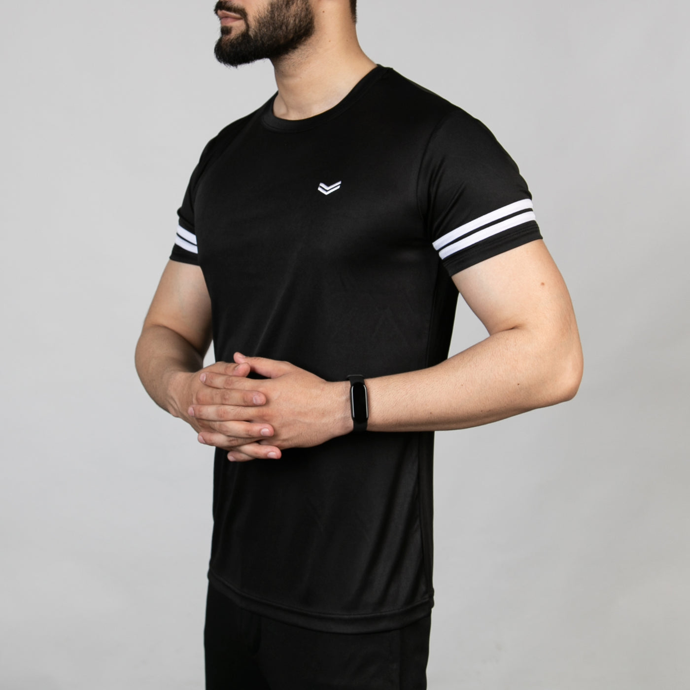 Premium Black Quick Dry Tee with White Dual Arm Stripes