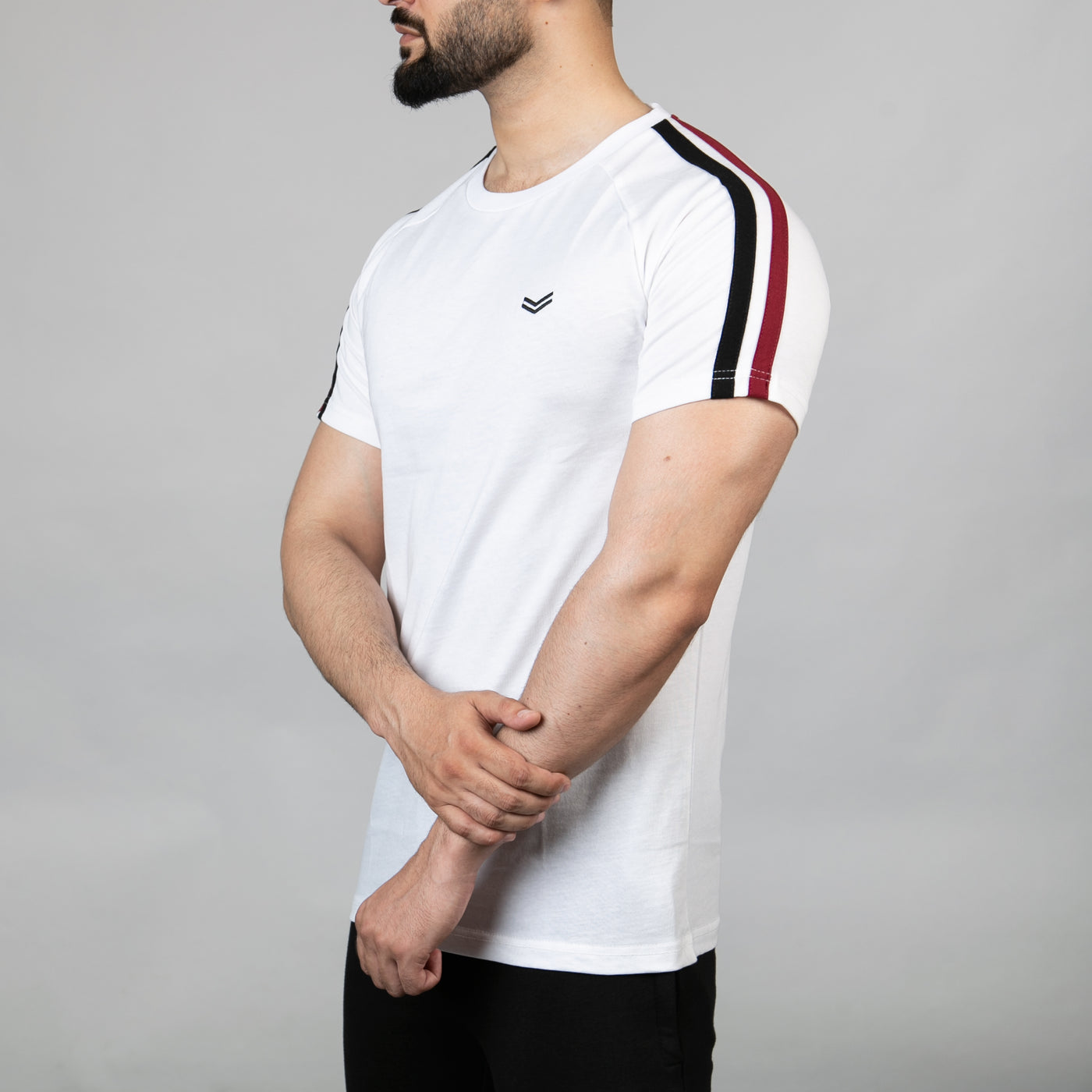 White T-Shirt with Black & Red Shoulder Stripes
