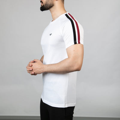 White T-Shirt with Black & Red Shoulder Stripes