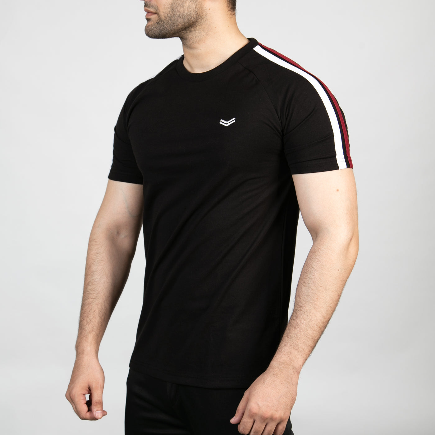 Black T-Shirt with White & Red Shoulder Stripes