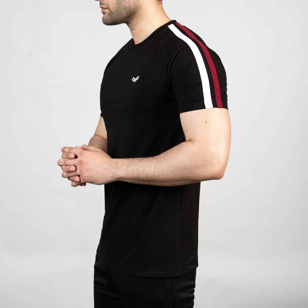 Black T-Shirt with White & Red Shoulder Stripes
