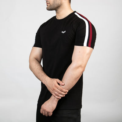 Black T-Shirt with White & Red Shoulder Stripes