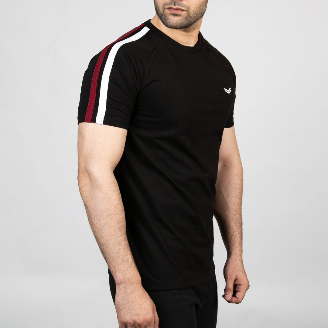 Black T-Shirt with White & Red Shoulder Stripes