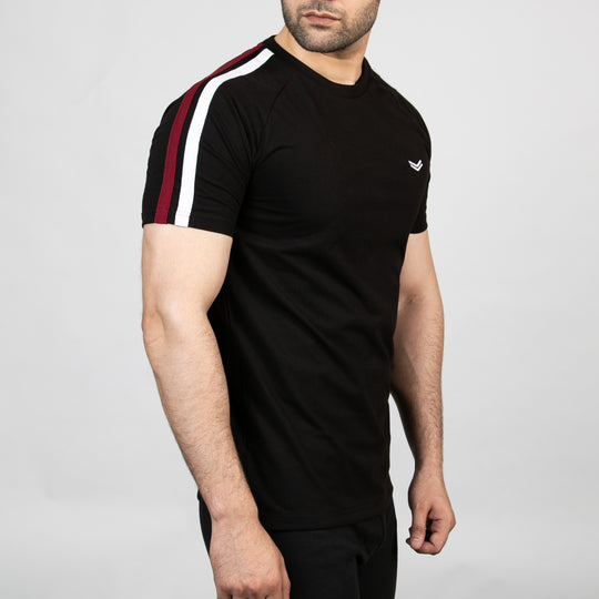 Black T-Shirt with White & Red Shoulder Stripes