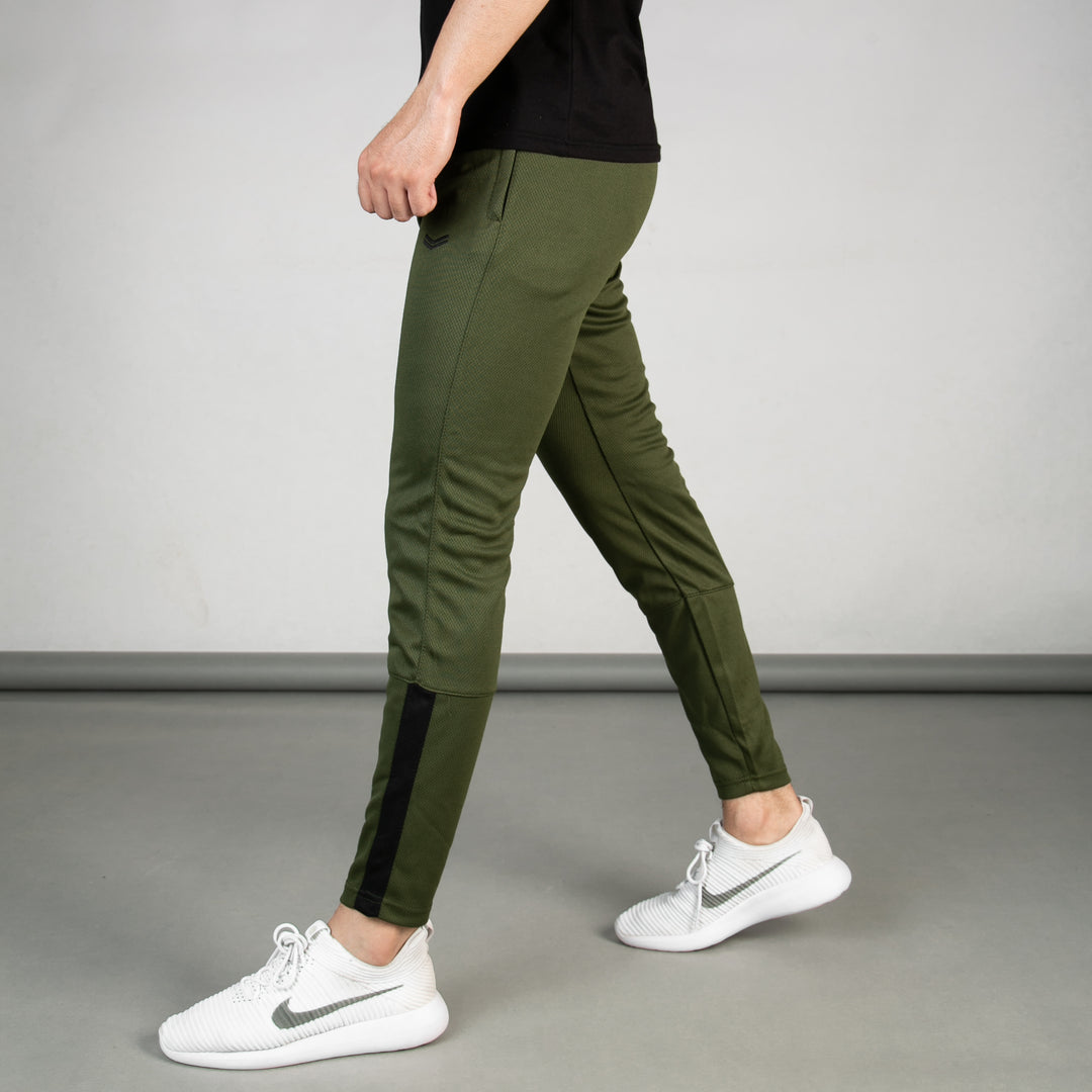 Olive Breathable Mesh Bottoms with Sleek Hem & Black Panels
