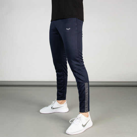 Navy Breathable Mesh Bottoms with Sleek Hem & Gray Panels