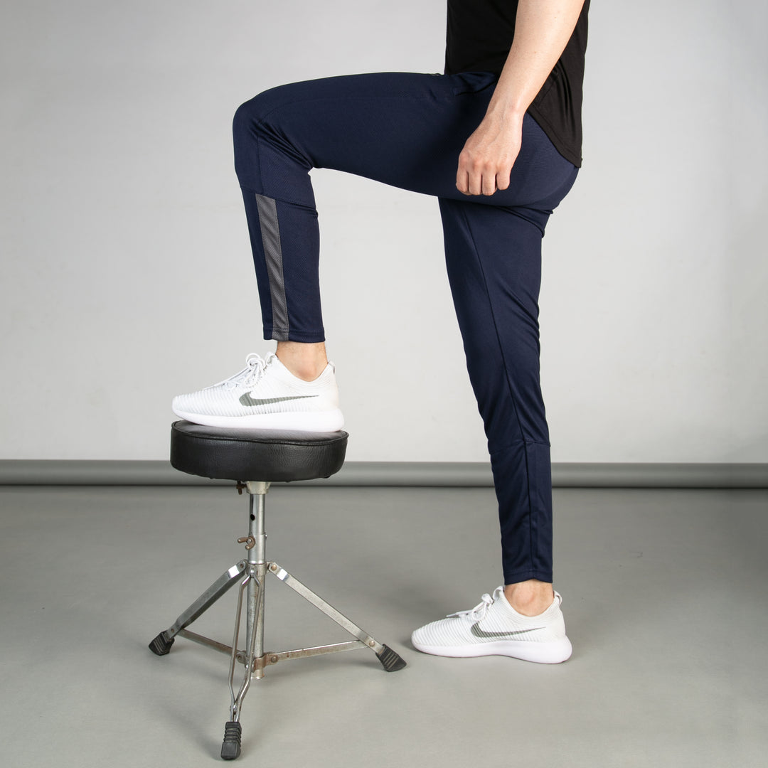 Navy Breathable Mesh Bottoms with Sleek Hem & Gray Panels