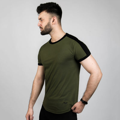 Olive Ringer T-Shirt With Shoulder Panel