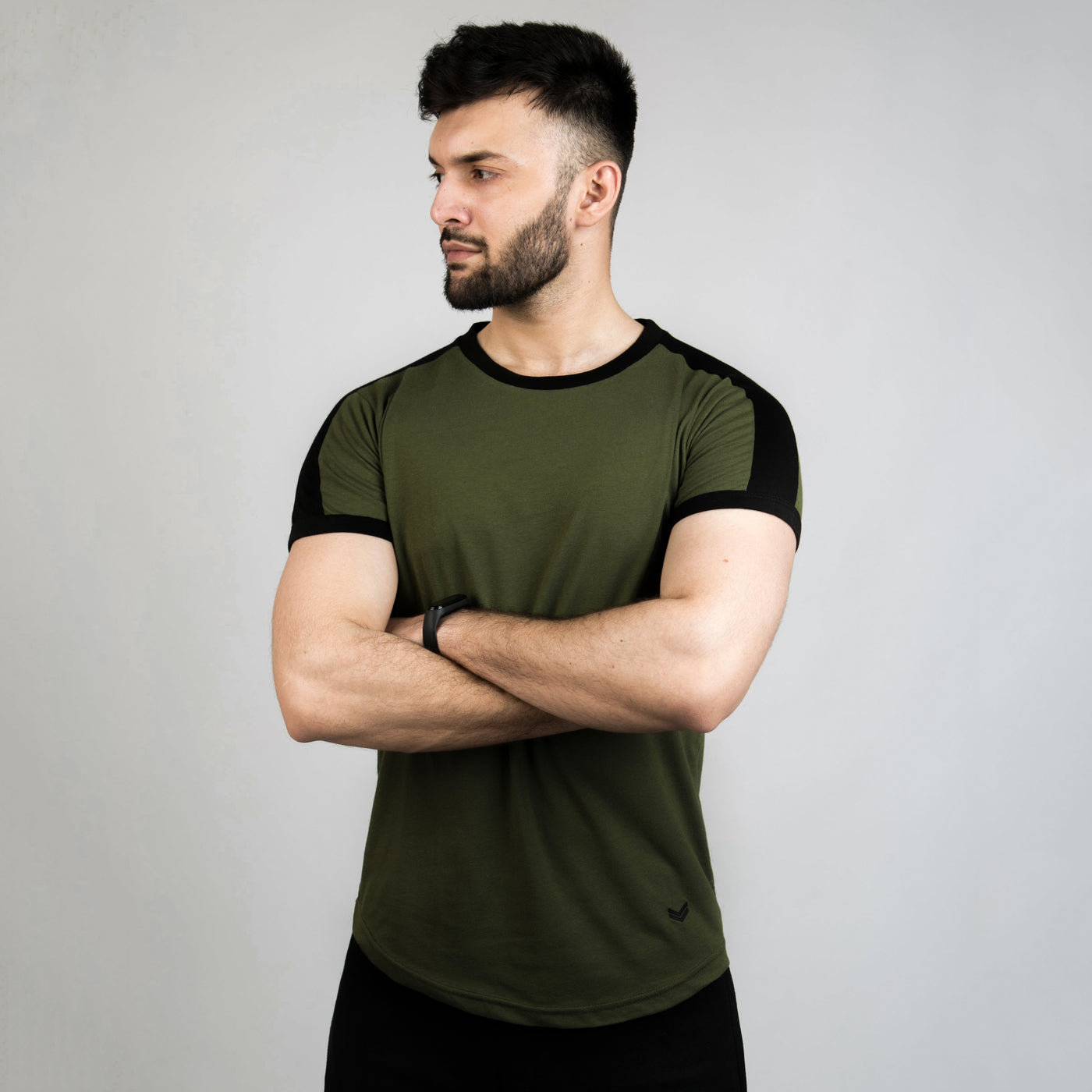 Olive Ringer T-Shirt With Shoulder Panel