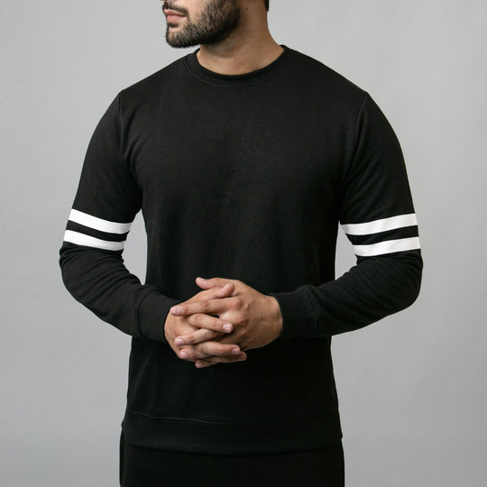 Black Sweatshirt with Printed White Arm Stripes