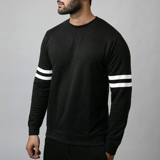 Black Sweatshirt with Printed White Arm Stripes
