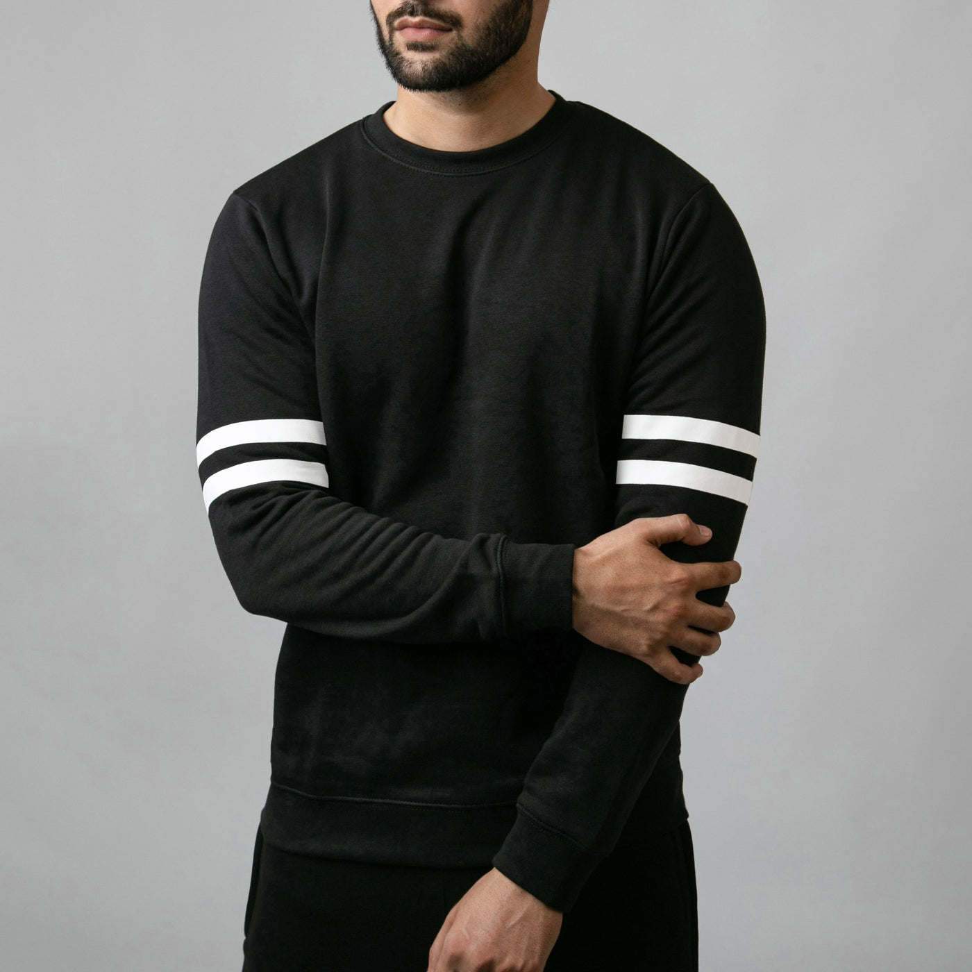Black Sweatshirt with Printed White Arm Stripes